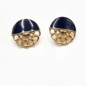 Vintage Blue Enamel Monet Round Chain Surround Gold Tone Stud Earrings Large